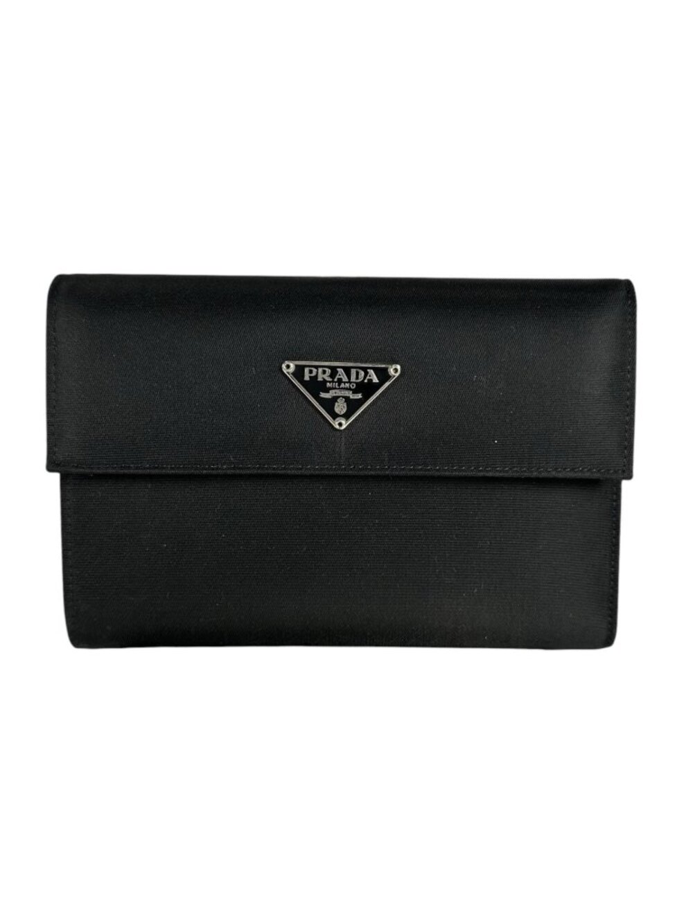 Prada Tessuto Trifold Leather Nylon Black Wallet Silver
